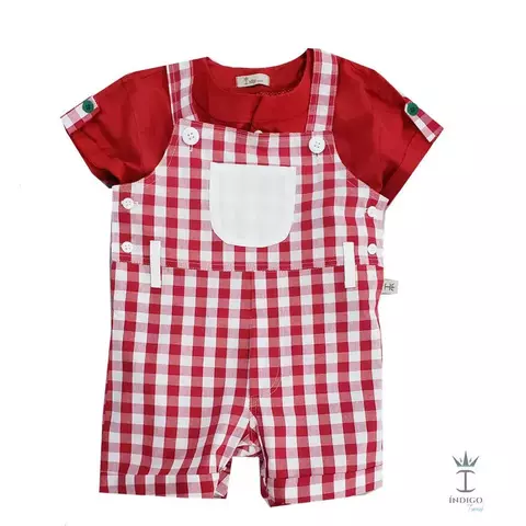 Conjunto Bata ou Body Vermelha Botões Verde Bandeira e Jardineira Vermelha Xadrez Haiti Índigo Trend