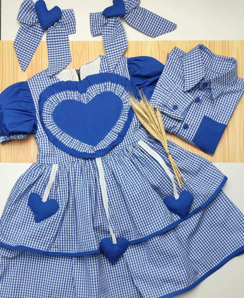 Kit Irmãos Camisa Social ou Body Azul Xadrez Londres Bolso Vestido e 2 Laços Azul Xadrez Londres Maria Festa Junina São João Índigo Trend
