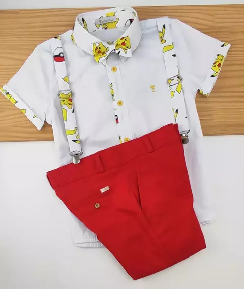 Conjunto Camisa Social ou Body Branca Pokémon Pikachu Bermuda Vermelha Esporte Fino Gravata Borboleta e Suspensório Pokémon Pikachu Índigo Trend - comprar online