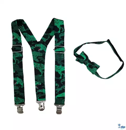 Kit Gravata Borboleta e Suspensório Jurassic Dinossauro Adulto Infantil Bebê Índigo Trend