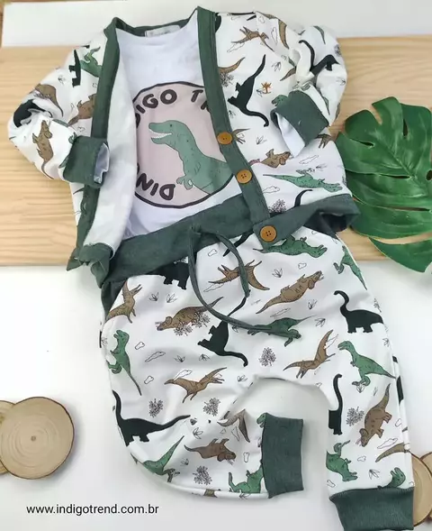 Conjunto Camiseta ou Body T-Shirt Branca Dino Épico Pijama Calça Saruel e Casaco Cardigan Dino Épico Moletinho Índigo Trend