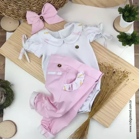 Conjunto Bata ou Body Menina Calça Rosa Coelho Colors e Laço Rosa Índigo Trend