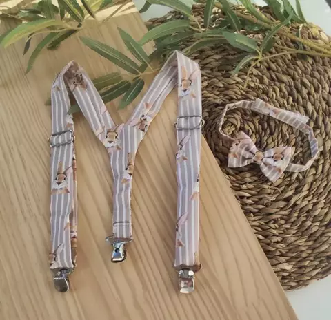 Kit Gravata Borboleta e Suspensório Páscoa Coelho Encanto Listras Adulto Infantil Bebê Índigo Trend