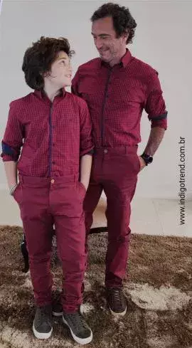 Kit Pai e Filho Camisa Social ou Body Vinho Marsala Xadrez Veneza Calça Vinho Marsala Esporte Fino Índigo Trend