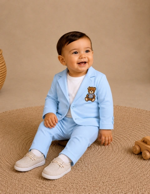 Conjunto Camiseta ou Body T-Shirt Branca Básica Calça Azul Bebê Tradicional e Blazer Azul Bebê Moletom Moletinho Urso Ted Bear Boduchinhos