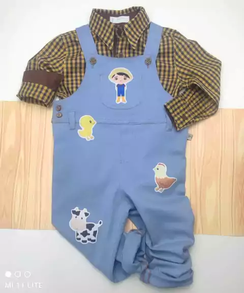 Conjunto Camisa Social ou Body Amarelo e Marrom Xadrez Veneza Jardineira Denim Claro Fazendinha Esporte Fino Índigo Trend