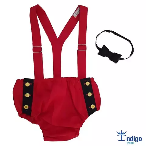 Kit Tapa Fraldas Smash The Cake Vermelho e Preto Mouse Gravata Borboleta Preta e Suspensório Vermelho Índigo Trend