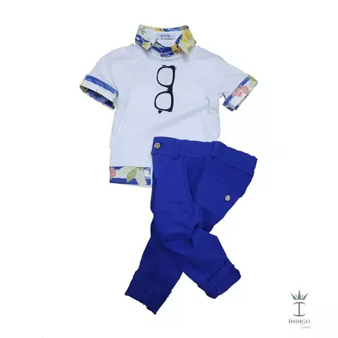 Conjunto Camiseta ou Body T-Shirt 2 em 1 Summer Branca Óculos Maldivas e Calça Esporte Fino Azul Royal Índigo Trend