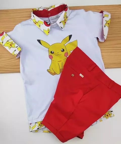 Conjunto Camiseta ou Body T-Shirt 2 em 1 Summer Branca Pikachu Pokémon e Bermuda Vermelha Esporte Fino Índigo Trend