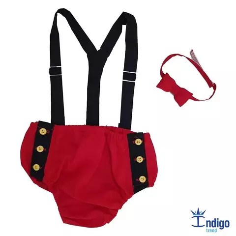 Kit Tapa Fraldas Smash The Cake Vermelho e Preto Mouse Gravata Borboleta Vermelha e Suspensório Preto Índigo Trend