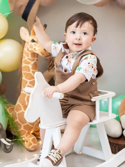 Conjunto Camisa Social o Body Marrom Baby Safári e Jardineira Caramelo Índigo Trend