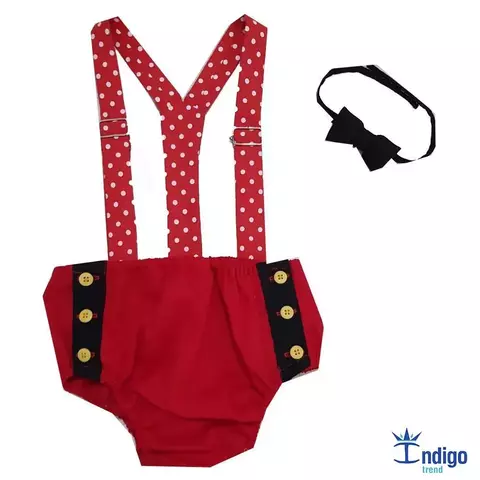 Kit Tapa Fraldas Smash The Cake Vermelho e Preto Mouse Gravata Borboleta Preta e Suspensório Vermelho Bolas Brancas Índigo Trend