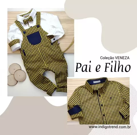 Kit Pai e Filho Camisa Social ou Body Branca Xadrez Veneza Amarelo Camisa Social Amarelo Xadrez Veneza Jardineira e Gravata Borboleta Amarelo Xadrez Veneza Índigo Trend