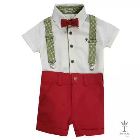 Conjunto Camisa Social ou Body Branca Grécia Verde Bermuda Esporte Fino Vermelha Gravata Borboleta Vermelha e Suspensório Verde Oliva Poá Grécia Índigo Trend