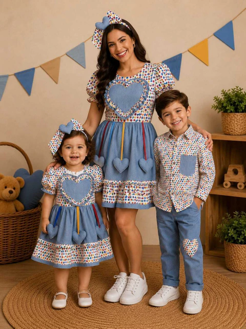 Kit Família Mãe e Irmãos Camisa Social ou Body Jamaica Bolso Calça Azul Denim Claro Esporte Fino Vestido e Laço Jamaica Maria Festa Junina São João Índigo Trend