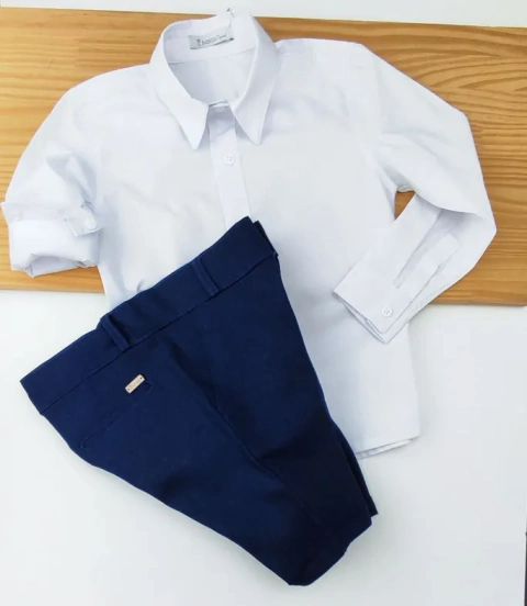 Conjunto Camisa Social ou Body Branca Amsterdã e Bermuda Social Azul Marinho Linho Índigo Trend