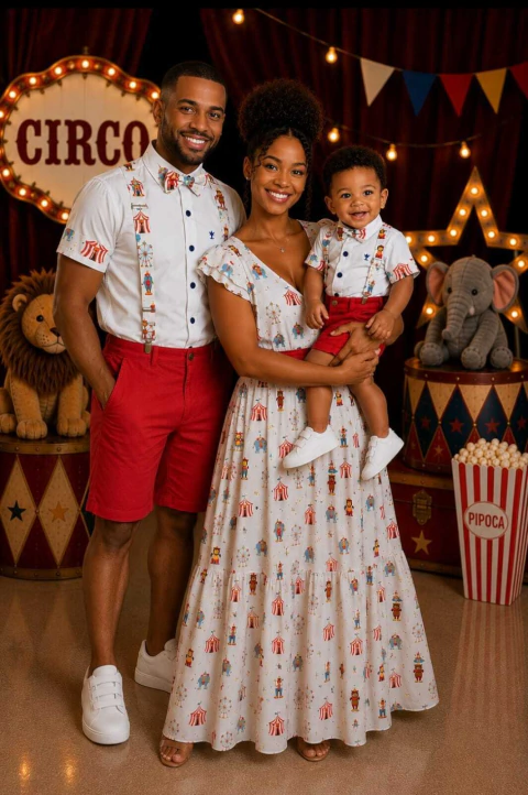 Kit Família Vestido Adulto Rainha Branco Cuba Circo Camisa Social ou Body Branca Cuba Circo Bermuda Vermelha Esporte Fino Gravata Borboleta e Suspensório Cuba Circo Boduchinhos
