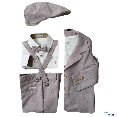 Conjunto Camisa Social ou Body Marfim Grécia Calça Social Blazer Boina Gravata Borboleta e Suspensório Caramelo Europa Índigo Trend