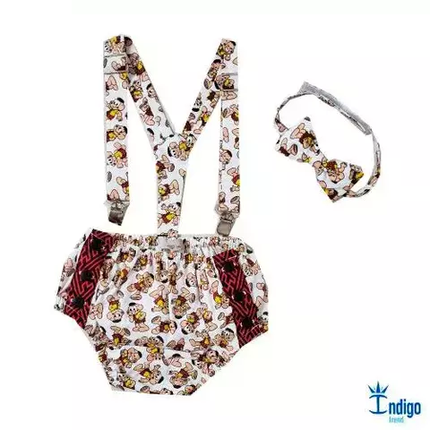 Kit Tapa Fraldas Smash The Cake Gravata Borboleta e Suspensório Cascão Índigo Trend