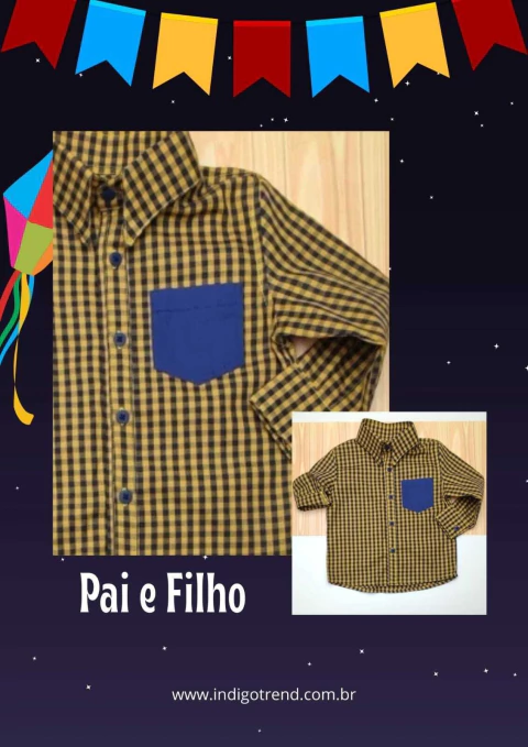 Kit Pai e Filho Camisa ou Body Social Amarelo Xadrez Veneza Bolso Festa Junina Índigo Trend