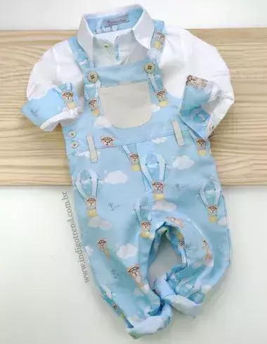 Conjunto Camisa Social ou Body Branca e Jardineira Borboleta Urso Baloeiro Aviador Índigo Trend