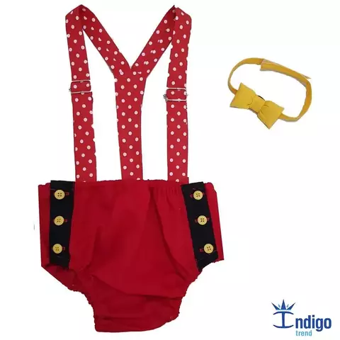 Kit Tapa Fraldas Smash The Cake Vermelho e Preto Mouse Gravata Borboleta Amarelo Gema e Suspensório Vermelho Bolas Brancas Índigo Trend