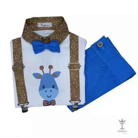 Conjunto Camiseta ou Body T-Shirt 2 em 1 Summer Branca Girafa Savaninha Bermuda Esporte Fino e Gravata Borboleta Azul Maya e Suspensório Grécia Savaninha Índigo Trend