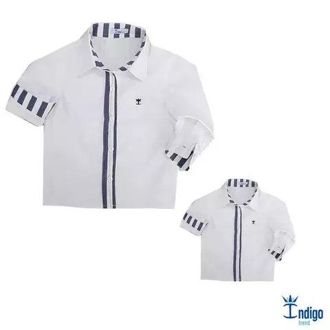 Kit Pai e Filho Camisa Social ou Body Branca Listrada Catar Índigo Trend