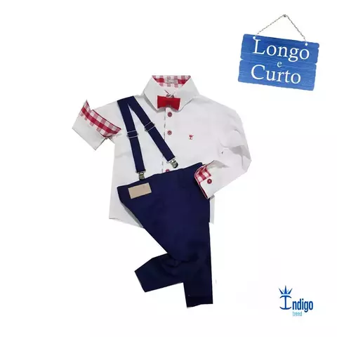 Conjunto Camisa Social ou Body Branca Xadrez Haiti Calça Casual e Suspensório Azul Marinho e Gravata Borboleta Vermelha Índigo Trend