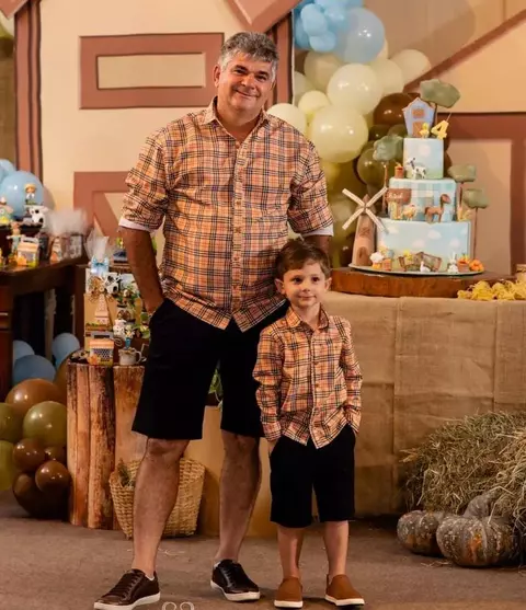 Kit Pai e Filho Camisa Social ou Body Xadrez Veneza Burb Bermuda Preta Esporte Fino Índigo Trend
