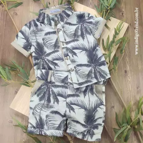 Conjunto Bata ou Body Havaí Linho Coqueiros Bermuda Caqui Coqueiros Havaí Índigo Trend