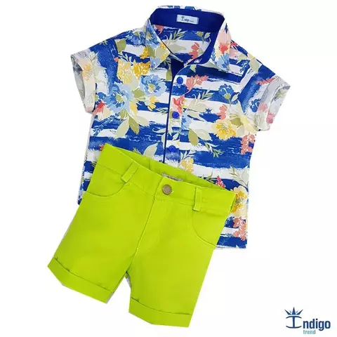 Conjunto Camisa Social ou Body Floral Maldivas e Bermuda Casual Verde Limão Índigo Trend