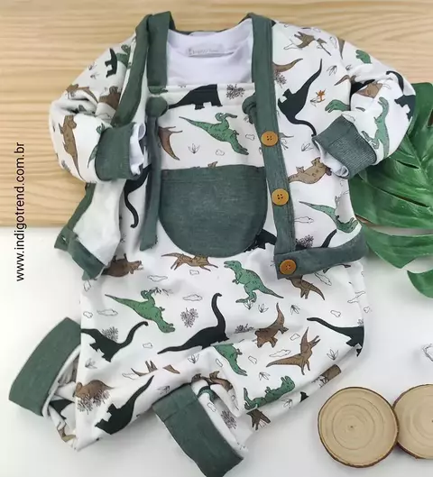Conjunto Camiseta ou Body T-Shirt Branca Dino Épico Pijama Jardineira e Casaco Cardigan Dino Épico Moletinho Índigo Trend