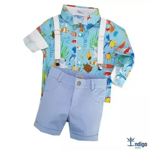 Conjunto Camisa Social ou Body Branca Tailândia Fundo do Mar Bermuda Casual e Gravata Borboleta Azul Bebê e Suspensório Branco Índigo Trend