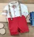 Conjunto Camisa Social ou Body Branca Burb Bermuda Esporte Fino Vermelho Gravata Borboleta e Suspensório Xadrez Veneza Burb Índigo Trend
