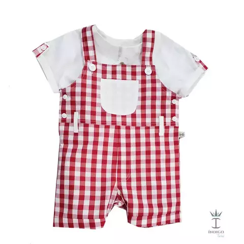 Conjunto Bata ou Body Branca e Jardineira Vermelha Xadrez Haiti Índigo Trend