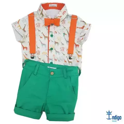 Conjunto Camisa Social ou Body Savana Safári Bermuda Verde Bandeira Esporte Fino Gravata Borboleta e Suspensório Laranja Índigo Trend