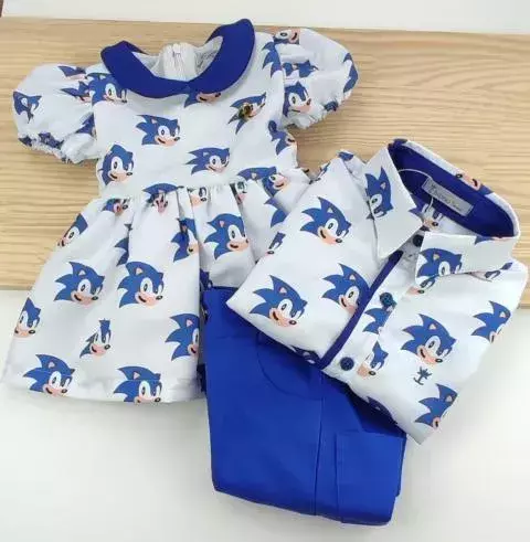 Kit Irmãos Camisa Social ou Body Sonic Bermuda Azul Royal Casual Vestido Princesa Com Manga Bufante Sonic Índigo Trend