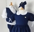 Kit Irmãos Camisa Social ou Body Branca Amsterdã Bermuda Social e Colete Azul Marinho Linho Vestido Princesa Com Manga Bufante Nome Personalizado Bordado e Laço Azul Marinho Índigo Trend - comprar online