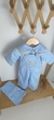 Conjunto Bata ou Body Gola Azul Bebê Cambraia Bordado Letra Inicial e Jardineira Macacão Charles Azul Bebê e Toalha Azul Bebê Batizado João Batista Bordado Índigo Trend na internet