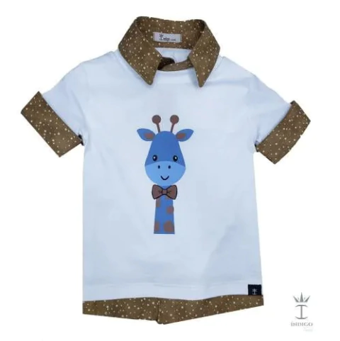 Camiseta ou Body T-Shirt 2 em 1 Summer Branca Girafa Savaninha Adulto Infantil Bebê Índigo Trend