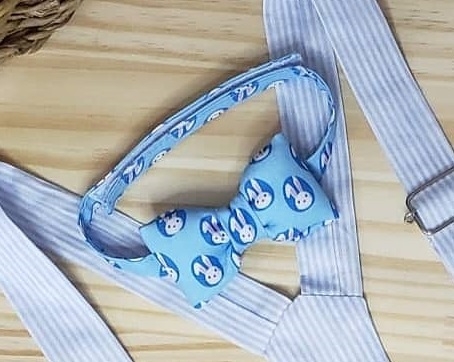 Gravata Borboleta Branco e Azul Coelho Páscoa Ovinhos Adulto Infantil Bebê Índigo Trend