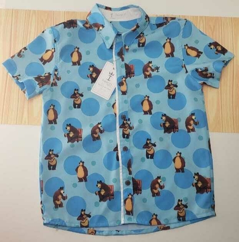 Camisa Social ou Body Azul Masha e o Urso Adulto Infantil Bebê Índigo Trend