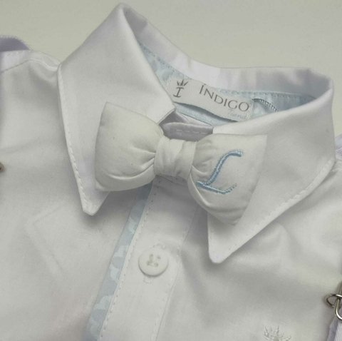 Gravata Borboleta Branca Bordada Inicial do Nome Personalizado Adulto Infantil Bebê Índigo Trend