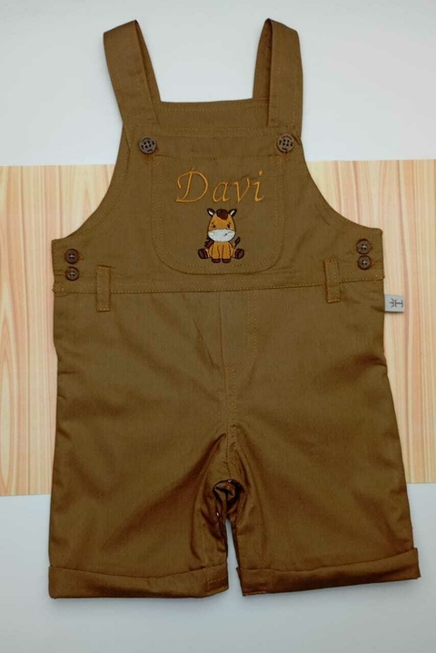 Jardineira Caramelo Esporte Fino Bordado Cavalo Fazendinha Infantil Bebê Índigo Trend