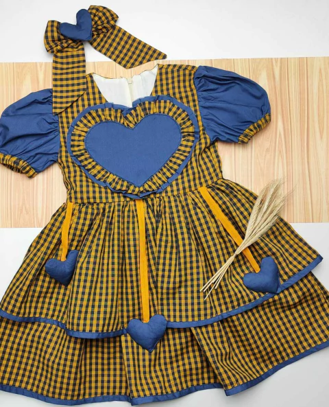 Vestido e Laço Amarelo Xadrez Maria Festa Junina São João Veneza Índigo Trend - comprar online