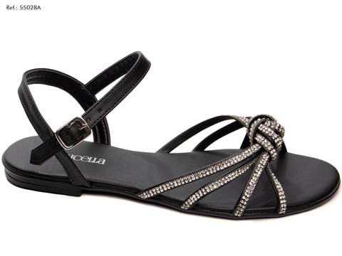 Sandália Rasteira Napa Preta com Strass Prata Torricella Ref.: 55028A