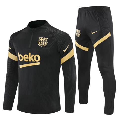 Conjunto de Treino Inverno Barcelona 22/23 - Jaqueta e Calça - Torcedor Masculino - Nike - Preto com detalhes em Dourado