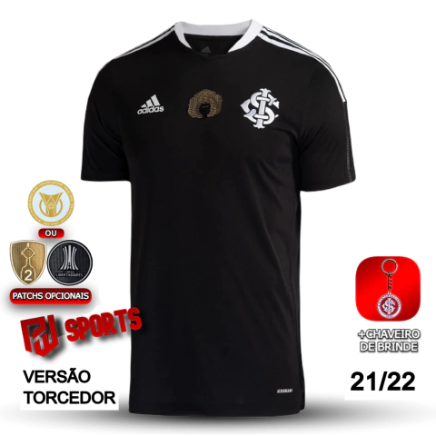 Camisa preta do Internacional edição especial Dia da Consciência Negra, versão torcedor masculino, com detalhes em branco e patches opcionais, modelo 21/22 da Adidas.