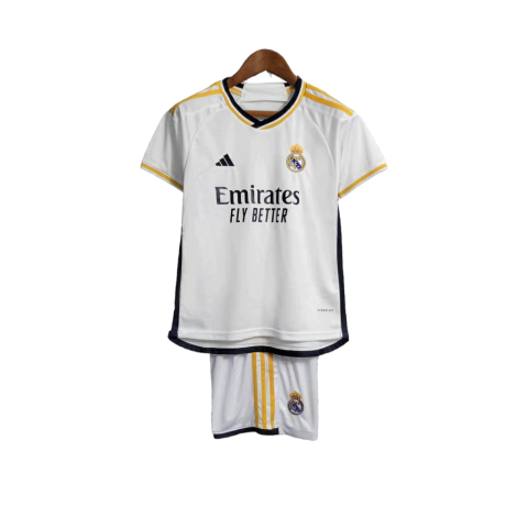 Kit Infantil Real Madrid Home 23/24 - Versão Torcedor Unissex - Adidas - Camisa e Shorts Branco
